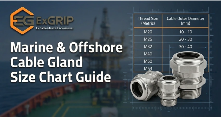 Marine and offshore stainless steel cable glands with size chart reference showing M20 to M63 gland sizes for corrosion-resistant installations