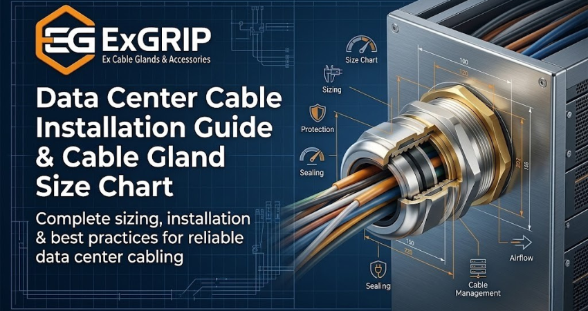 Data center cable installation guide showing cable gland size chart and cables entering server rack with secure sealing