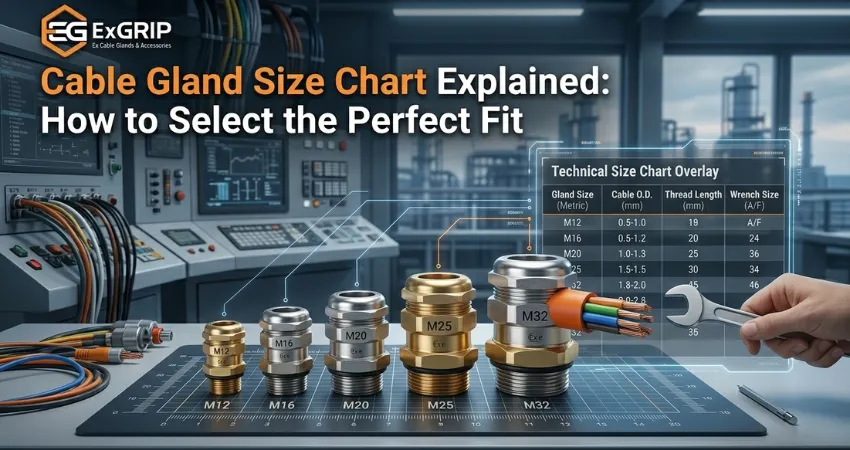 cable gland size chart showing metric PG and NPT sizes with cable diameter comparison for correct gland selection