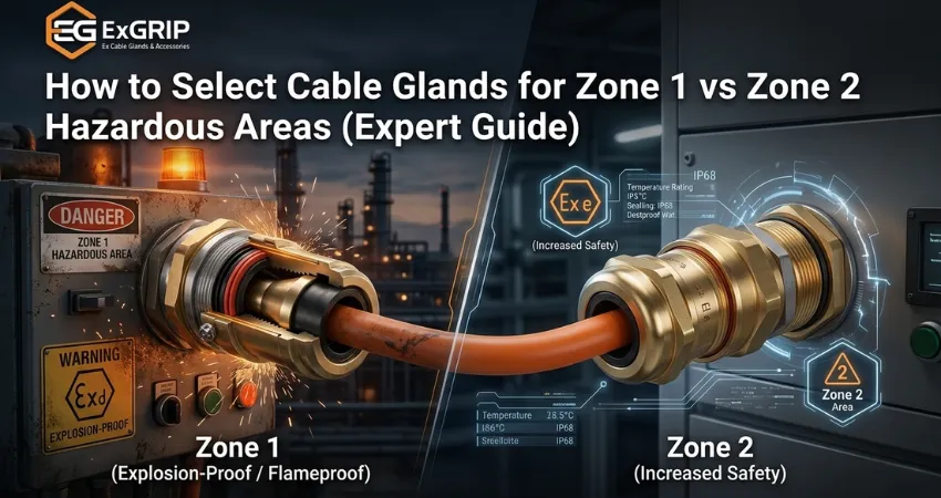 Cable gland for hazardous area showing Zone 1 vs Zone 2 industrial environments with explosion proof cable gland installation