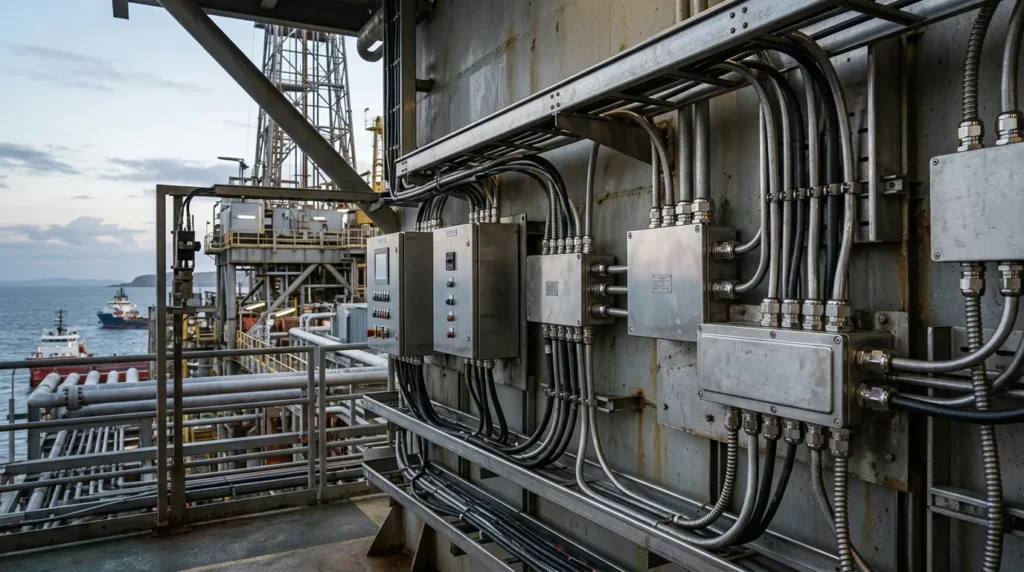 Offshore cable gland IP68 stainless steel installed in marine electrical infrastructure