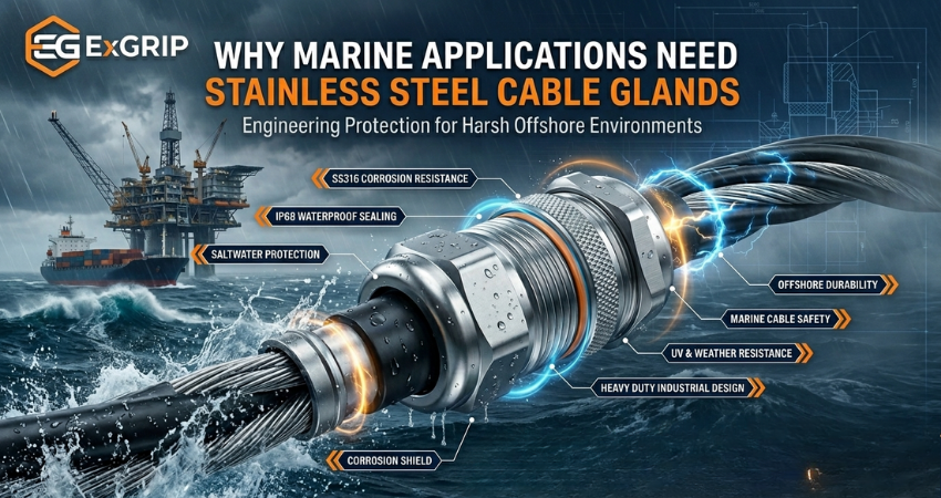 SS316 stainless steel cable gland used in offshore marine application for waterproof and corrosion-resistant cable protection