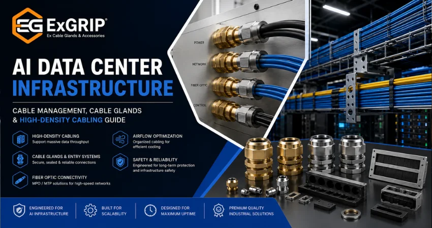 AI data center infrastructure featuring cable management systems, cable glands, fiber optic cabling, cable entry systems, and high-density server network connections
