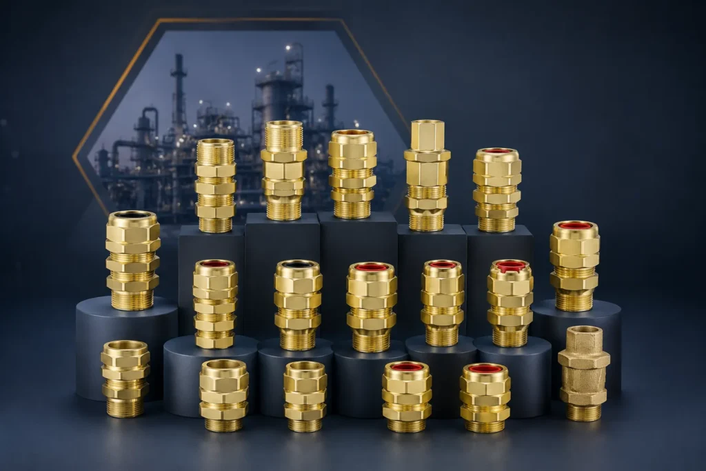 Collection of ExGrip ATEX-certified brass cable glands displayed in an industrial hazardous area environment with refinery background, designed for explosion-proof cable entry and hazardous location installations.