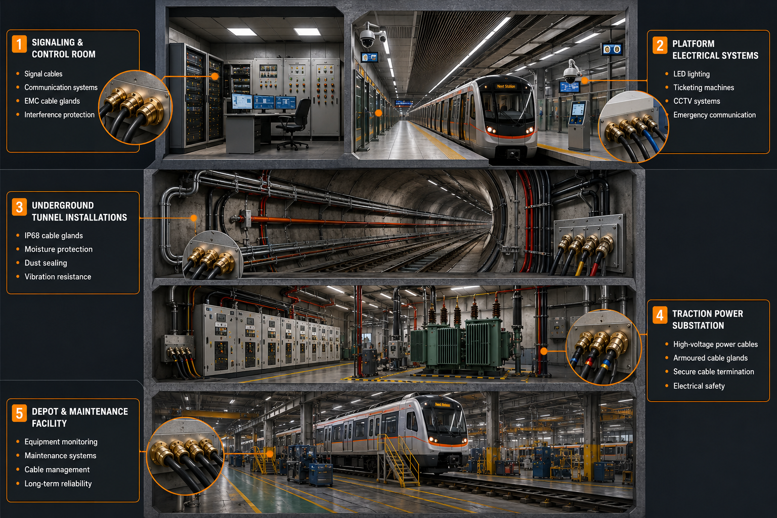 Cable gland applications in modern metro rail station electrical infrastructure