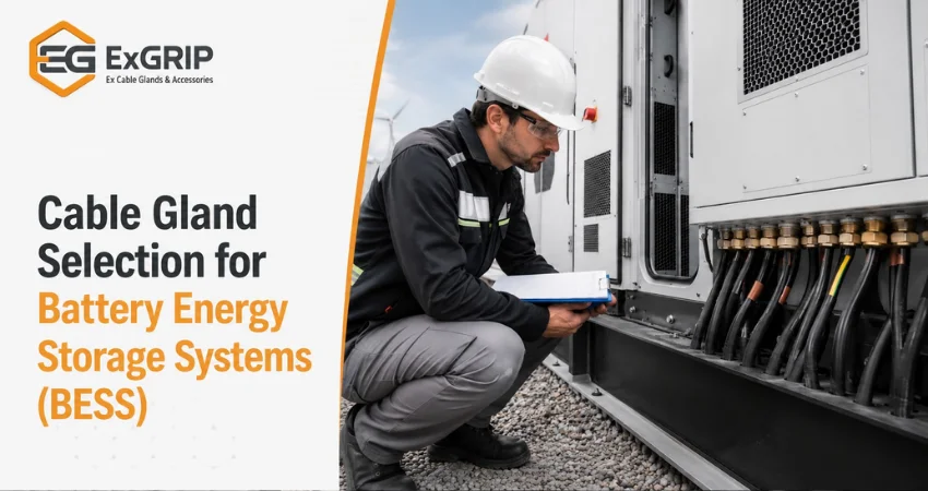 Industrial IP68 cable glands installed in a Battery Energy Storage System (BESS) enclosure for reliable cable management and environmental protection.