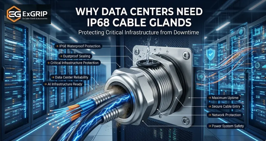 IP68 stainless steel cable gland protecting critical power and network cables inside a modern AI data center infrastructure