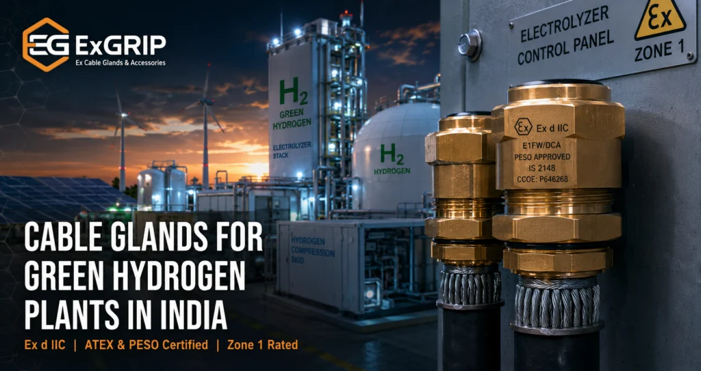 Exgrip Ex d IIC certified brass double compression cable gland installed at a green hydrogen electrolyzer plant in India