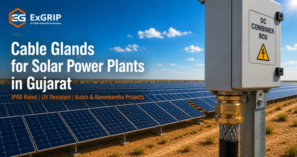 Brass cable glands installed on DC string cables and underground armoured cable at a Gujarat solar power plant combiner box Exgrip IP68 certified