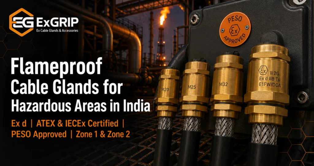 Exgrip ATEX and PESO certified Ex d double compression flameproof cable glands installed on SWA armoured cables at an Indian oil refinery hazardous area junction box