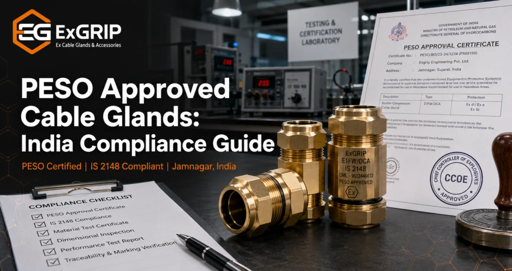 Exgrip PESO approved brass double compression cable glands displayed beside official PESO certification documents for Indian petroleum and gas compliance