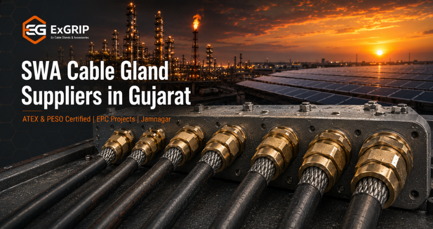 Brass double compression SWA cable glands by Exgrip mounted on armoured cables at a Gujarat EPC project site, with refinery and solar plant in background