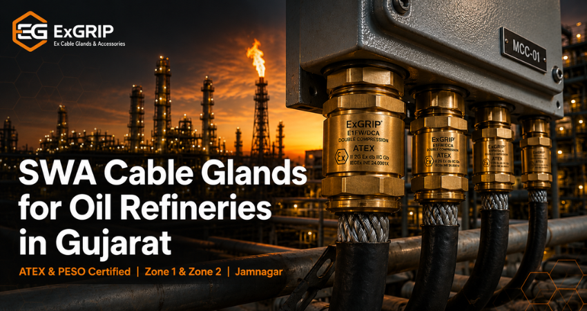 Brass ATEX-certified double compression SWA cable glands by Exgrip fitted on armoured cables at a Gujarat oil refinery MCC panel, Jamnagar refinery belt