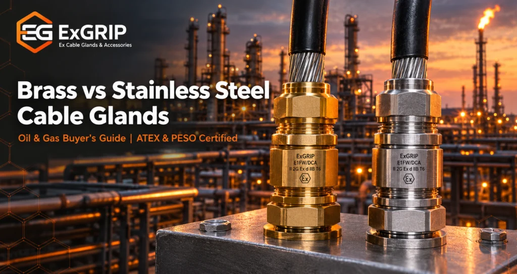 Brass and stainless steel cable glands compared side by side for oil and gas installations