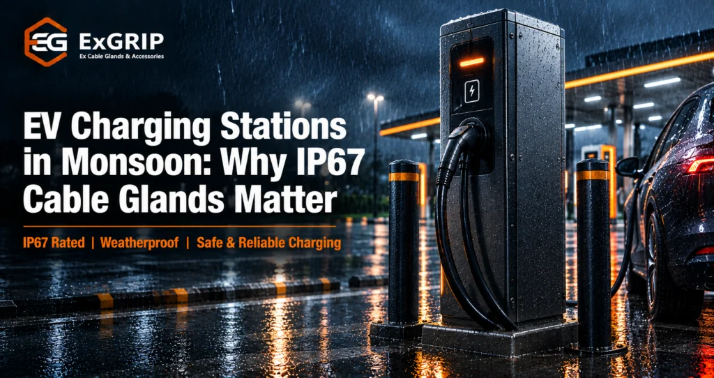 EV charging pedestal operating in heavy monsoon rain, protected by IP67 rated cable glands
