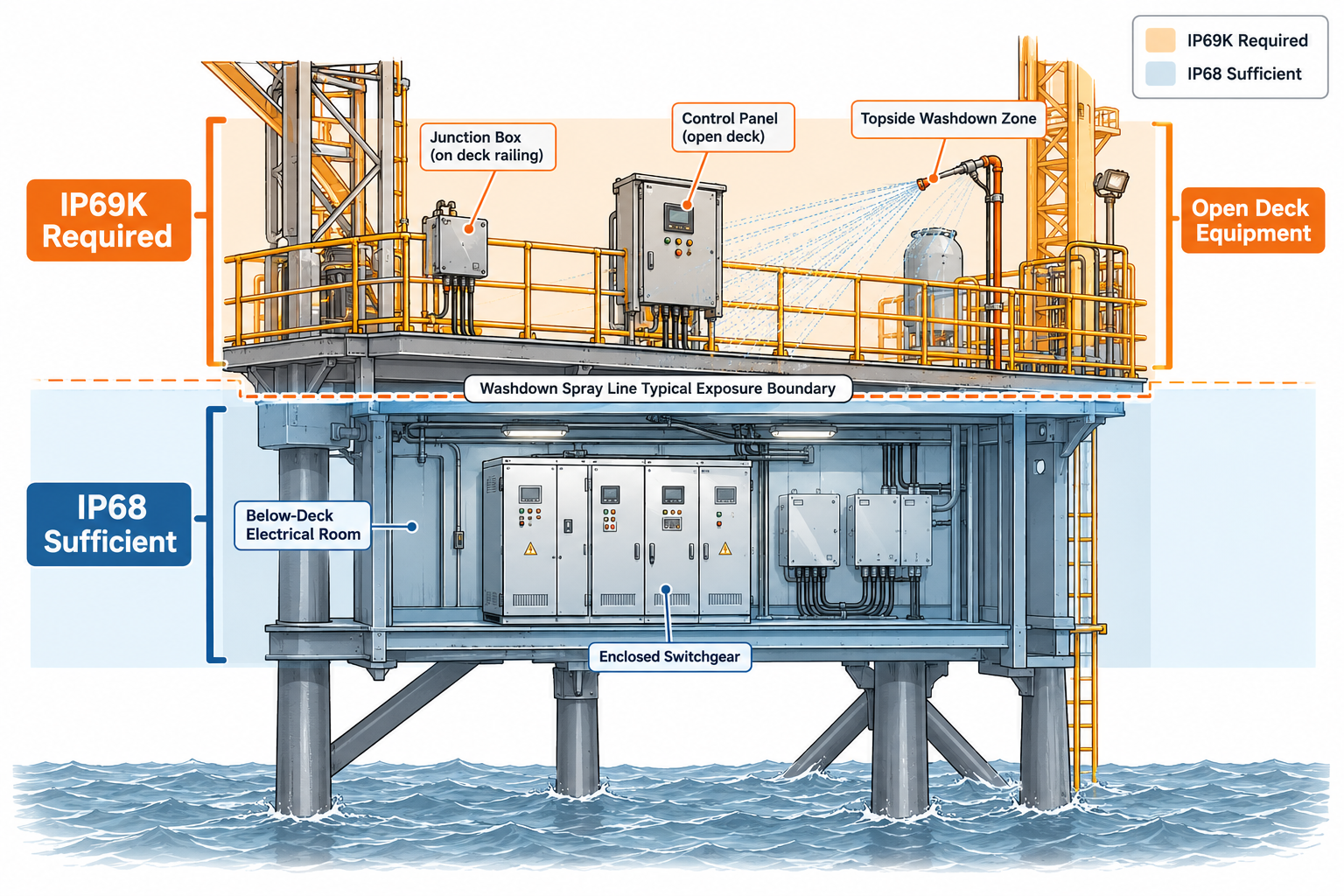 Offshore platform cross-section showing IP68-sufficient below-deck zones versus IP69K-required washdown deck zones
