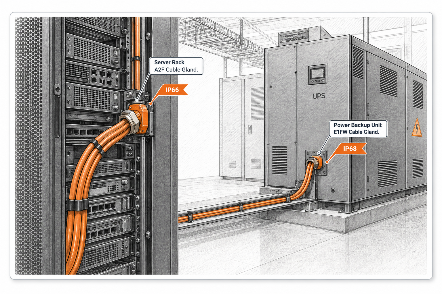 Nickel-plated brass cable gland illustrated at a server rack cable entry point and a UPS power backup unit inside a data center, showing IP66 and IP68 rated installations