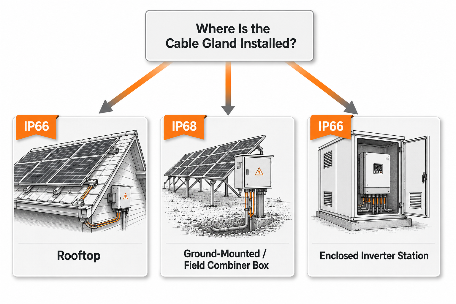 Flowchart for selecting IP66 or IP68 cable gland by solar installation zone