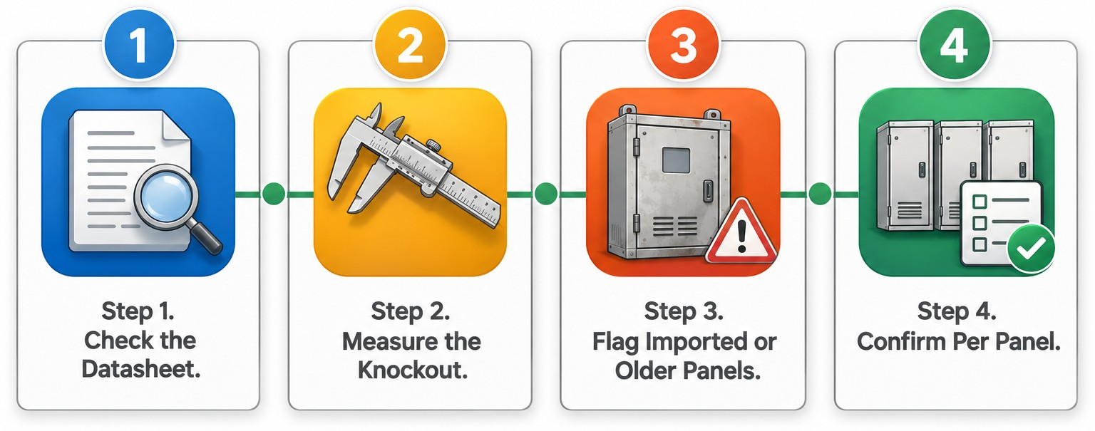 Four step checklist for confirming cable gland thread standard before ordering, check datasheet, measure knockout, flag imported panels, confirm per panel