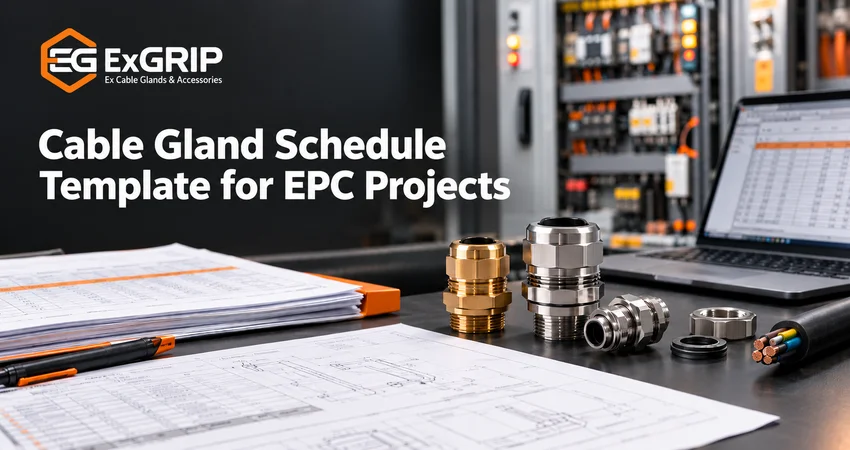 Exgrip cable gland schedule template for EPC projects, showing industrial cable glands beside engineering schedule documents in Jamnagar, Gujarat.