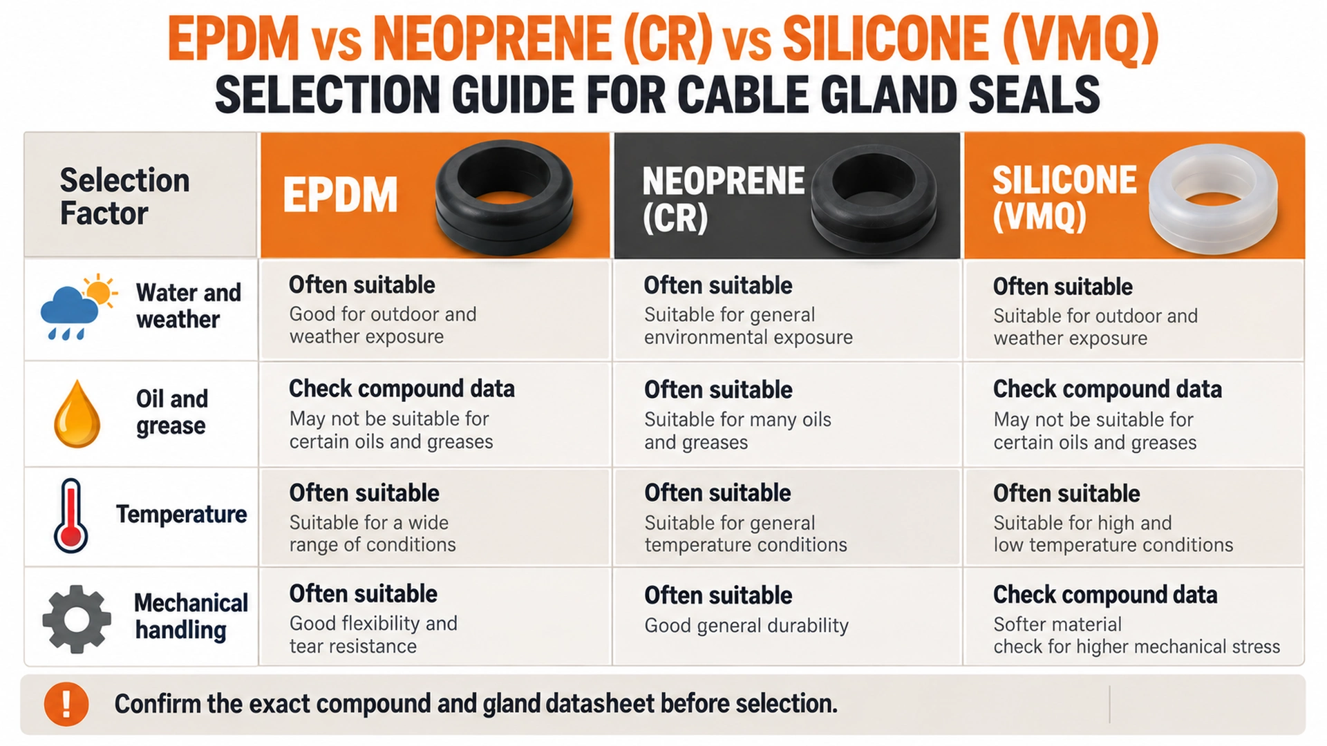 Comparison infographic for EPDM, Neoprene and Silicone cable gland seals across water, oil, temperature and handling conditions.