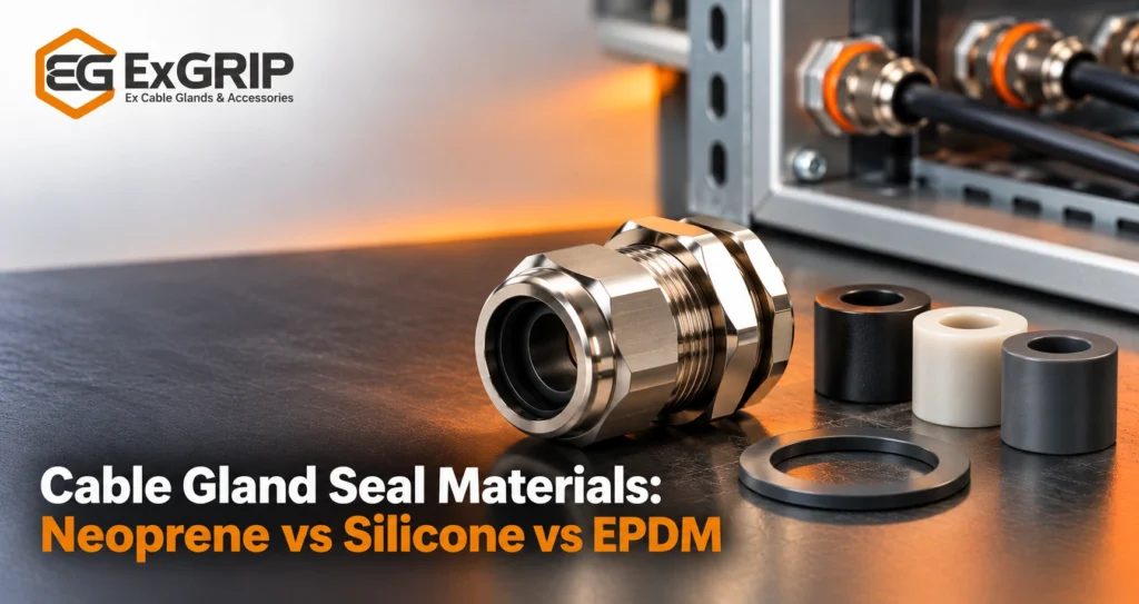 Cable gland sealing insert and enclosure washer beside Neoprene, Silicone and EPDM seal material samples.