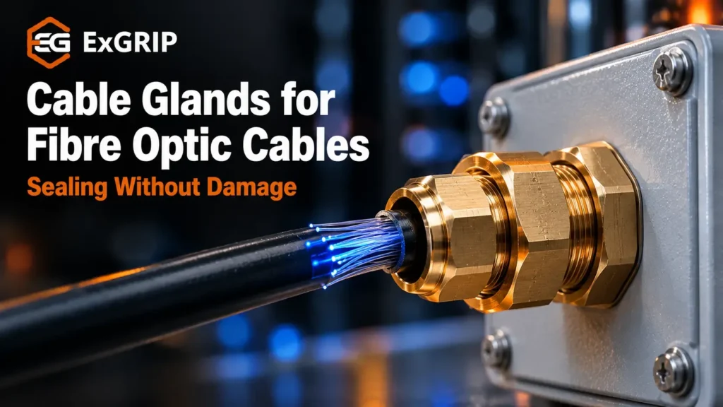 Brass cable gland on a fibre optic cable entering an outdoor termination box with glowing fibres