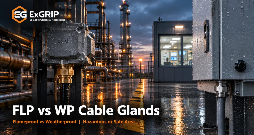 FLP vs WP cable glands on a flameproof junction box and a weatherproof panel