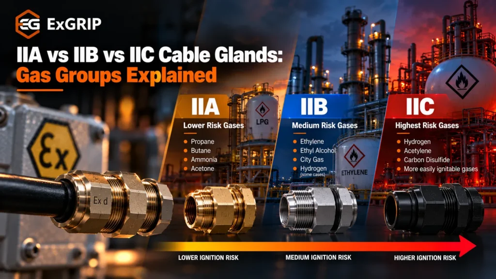 Ex marking on a flameproof cable gland showing the gas group within the certification string