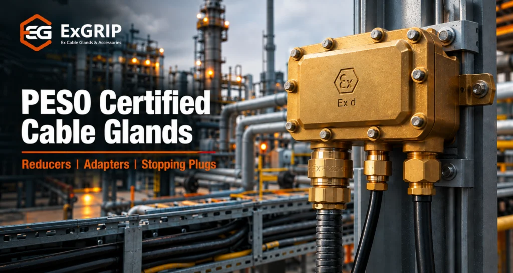 Flameproof junction box fitted with a PESO certified cable gland, reducer and stopping plug