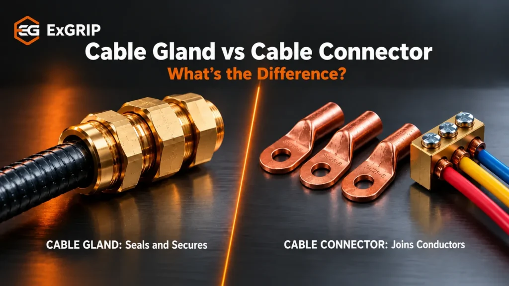 Cable gland vs cable connector: brass cable gland beside copper cable lugs and a terminal connector