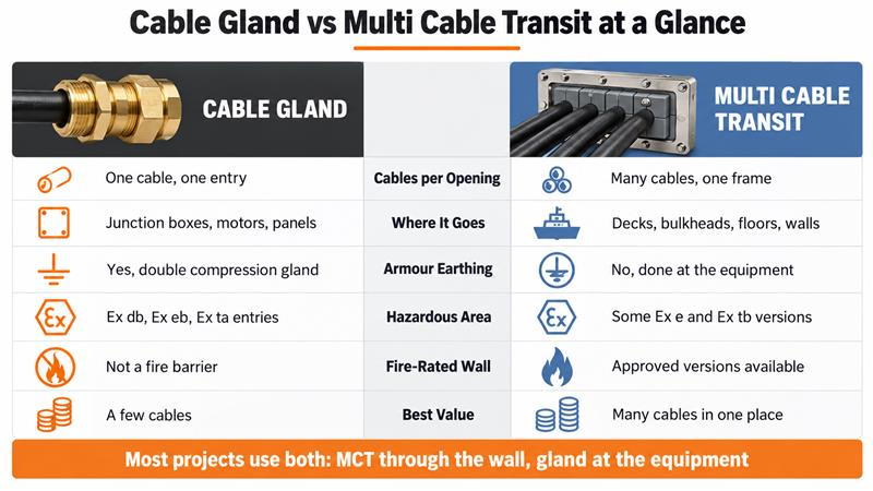 Cable gland vs multi cable transit comparison: cables per opening, location, armour earthing, Ex protection, fire rating and cost