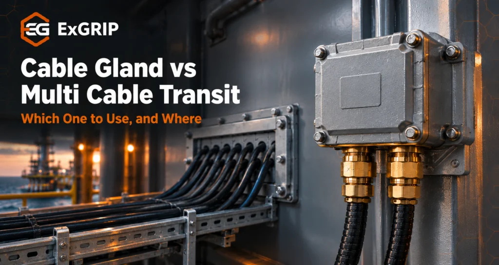 Cable gland in a junction box entry compared with a multi cable transit sealing many cables through a ship bulkhead
