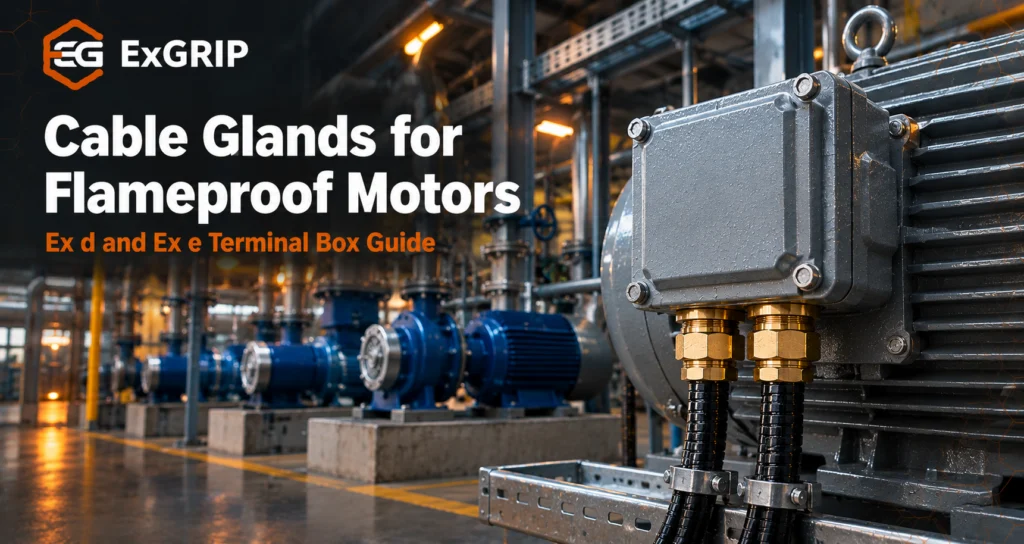 Cable glands for flameproof motors: brass double compression glands in the terminal box of a flameproof pump motor