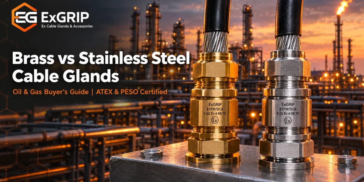Brass and stainless steel cable glands compared side by side for oil and gas installations