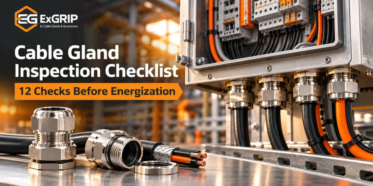 Exgrip cable gland inspection checklist showing cable glands installed on an electrical enclosure for pre-energization verification in Jamnagar, Gujarat.