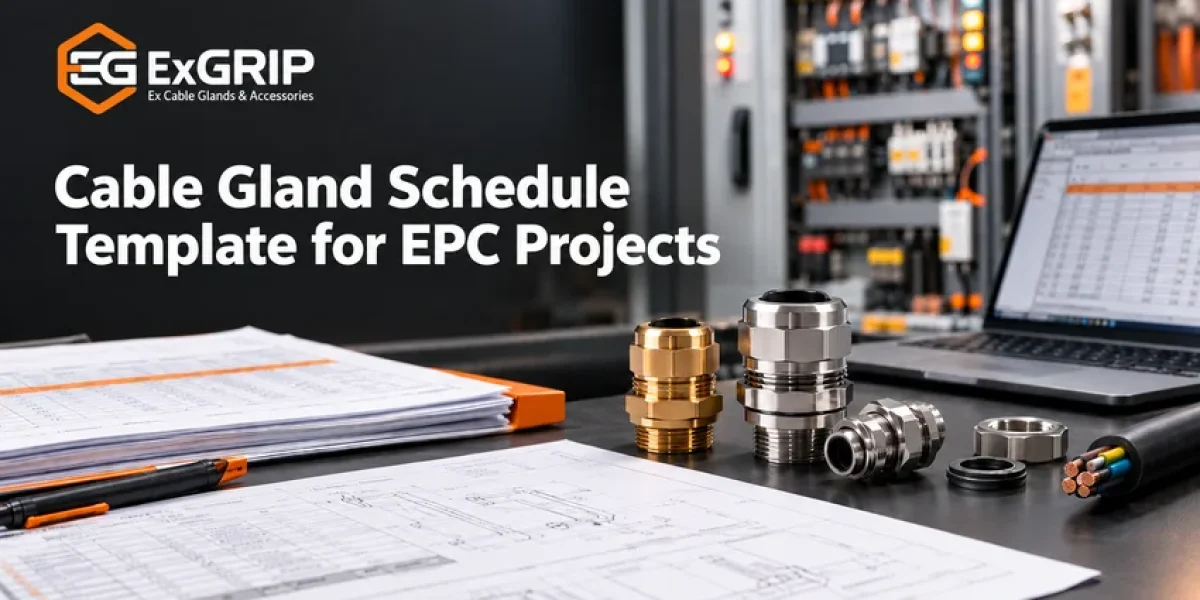 Exgrip cable gland schedule template for EPC projects, showing industrial cable glands beside engineering schedule documents in Jamnagar, Gujarat.