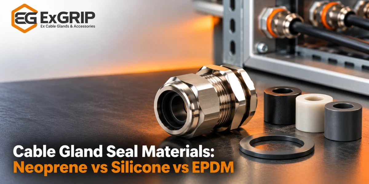 Cable gland sealing insert and enclosure washer beside Neoprene, Silicone and EPDM seal material samples.