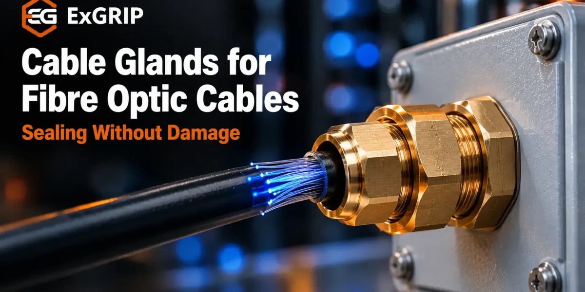 Brass cable gland on a fibre optic cable entering an outdoor termination box with glowing fibres