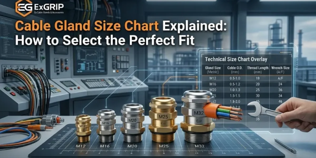 Marine and offshore stainless steel cable glands with size chart reference showing M20 to M63 gland sizes for corrosion-resistant installations