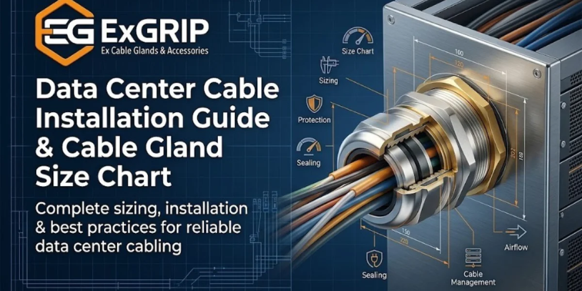 Data center cable installation guide showing cable gland size chart and cables entering server rack with secure sealing