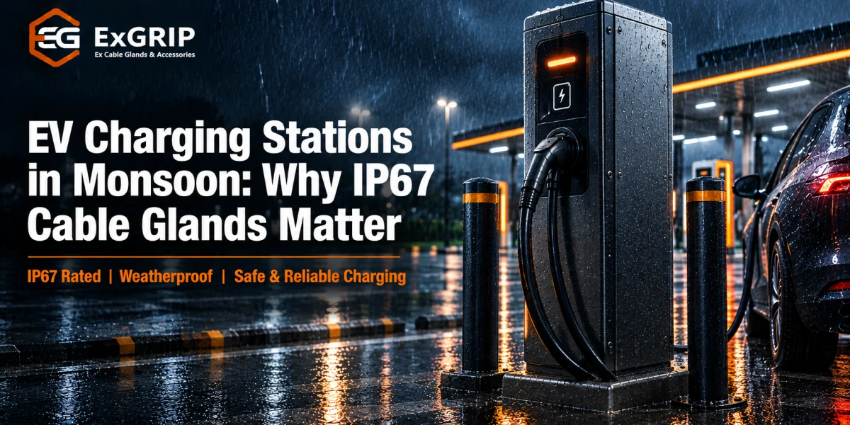 EV charging pedestal operating in heavy monsoon rain, protected by IP67 rated cable glands