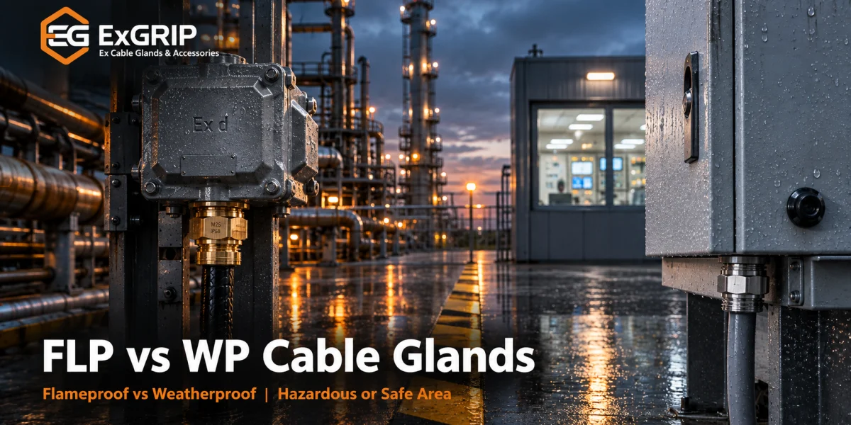 FLP vs WP cable glands on a flameproof junction box and a weatherproof panel