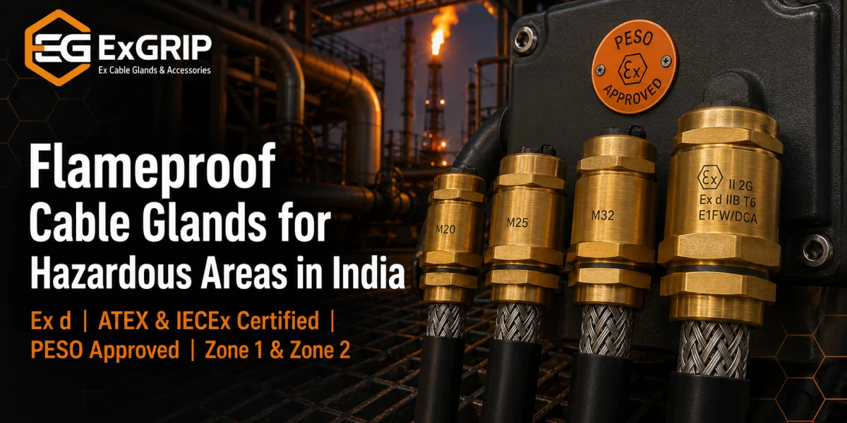 Exgrip ATEX and PESO certified Ex d double compression flameproof cable glands installed on SWA armoured cables at an Indian oil refinery hazardous area junction box