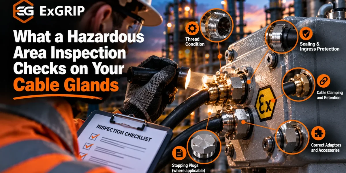 Inspector examining cable glands and entries on Ex equipment in a hazardous area installation