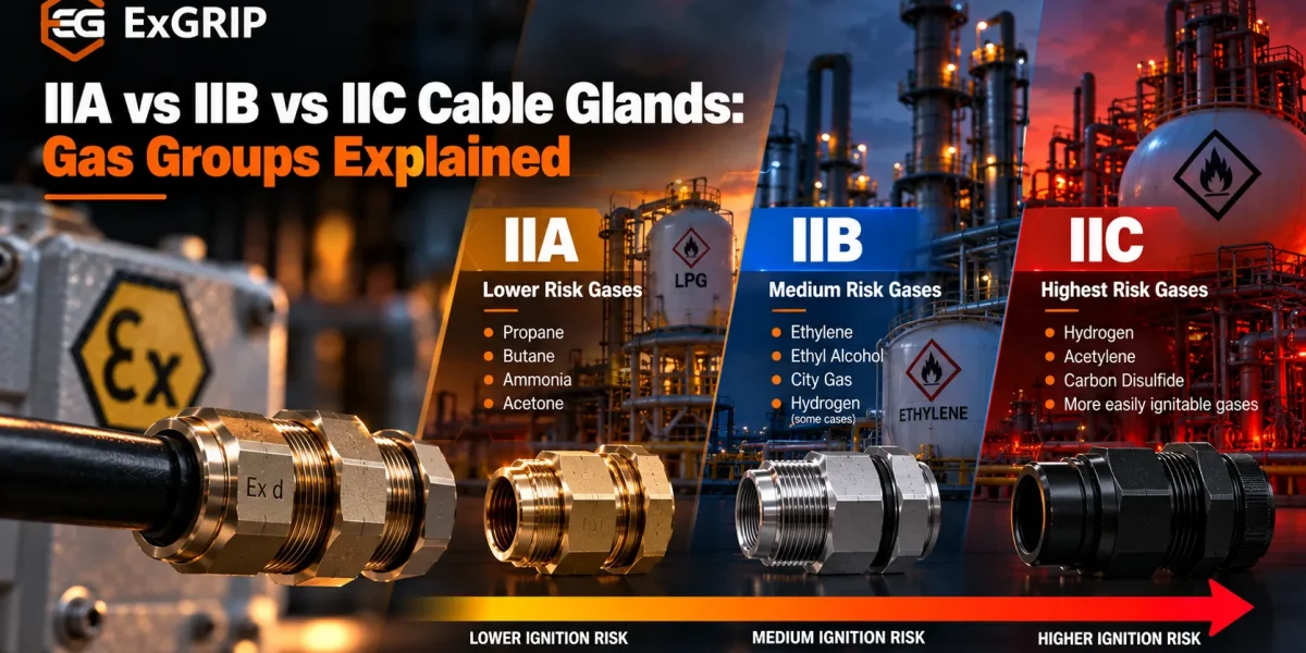 Ex marking on a flameproof cable gland showing the gas group within the certification string