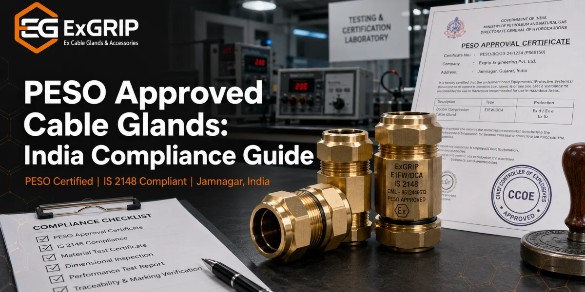 Exgrip PESO approved brass double compression cable glands displayed beside official PESO certification documents for Indian petroleum and gas compliance