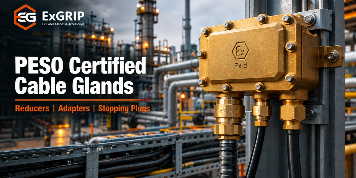 Flameproof junction box fitted with a PESO certified cable gland, reducer and stopping plug