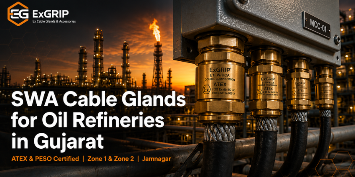 Brass ATEX-certified double compression SWA cable glands by Exgrip fitted on armoured cables at a Gujarat oil refinery MCC panel, Jamnagar refinery belt