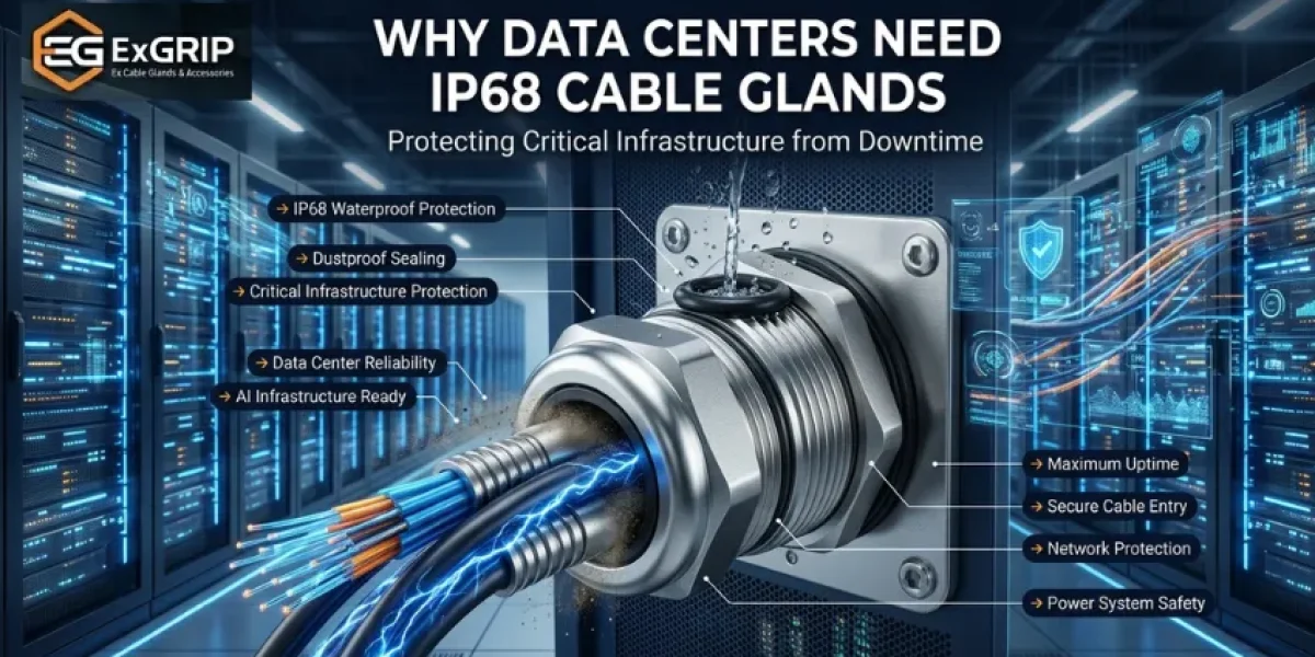 IP68 stainless steel cable gland protecting critical power and network cables inside a modern AI data center infrastructure